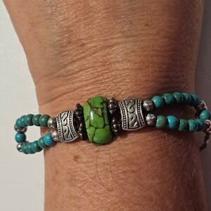 Green Turquoise Beaded Bracelet  Liquid Silver Boho Southwestern  Handmade Art